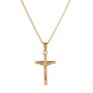 Imagem de Colar de cruz de crucifixo para mulheres, homens, meninos e meninas | Colar de corrente de aço inoxidável 3 mm banhado a ouro 18K 316L com pingente de cruz., Ouro, Sem Pedra Preciosa