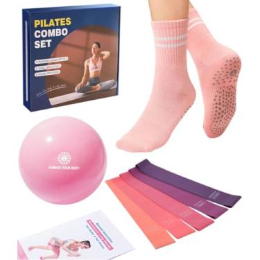 Imagem de floconssy Conjunto de meias de Pilates com faixas de resistência à bola de Pilates, faixas de exercícios em loop de 5 níveis, bola pequena de Pilates de 23 cm, kit de ioga antiderrapante para