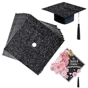Imagem de 12 folhas de papelão preto com glitter faça você mesmo, decoração de boné de graduação, papel de construção com glitter para bonés de graduação com fita dupla face para decoração de bonés de