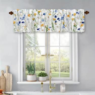 Imagem de Cortinas de cozinha curtas de tratamento de janelas florais naturais cortinas blackout com bolso para varão painel de topo para banheiro, quarto, sala de estar, 137 x 45 cm