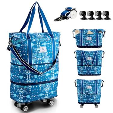 Imagem de Arxus Bolsa de viagem com rodinhas removíveis e alça de ombro ajustável, grande bolsa de mão dobrável expansível com alça e manga de mala, bolsa de fim de semana para avião de viagem 25L-55L, Flor