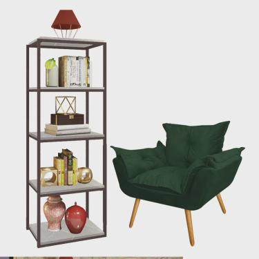 Imagem de Kit Poltrona Fatte com Estante Livreiro Ferro Marrom mdf Marmorizado Cinza Suede Verde Musgo - Ahazzo Móveis