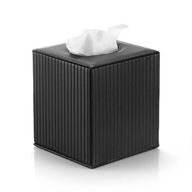Imagem de Kokone Capa de caixa de lenços de couro PU, suporte de lenços quadrado, estampa de listras pretas, capa decorativa de caixa de lenços com base de fecho magnético, dispensador de cubo de lenços moderno