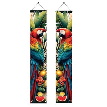 Imagem de Starlit Patio Bandeiras de varanda de papagaio tropical Luau de verão 188 x 30 cm decorações de festa coloridas araras placas de porta penduradas folhas de selva pátio externo faixa de boas-vindas