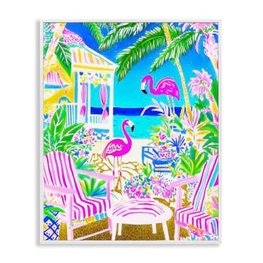 Imagem de Stupell Industries Arte giclée emoldurada branca com flamingos vívidos na praia tropical, design de Jess Stempel, 61 x 76 cm