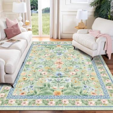 Imagem de Tapete floral lavável, 9,5 x 1,5 m, verde, grande, para sala de estar, rosa, azul, boho, antiderrapante, macio, oriental, vintage, quarto, tapete colorido, sala de jantar, berçário, casa, escritório