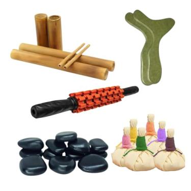 Imagem de Kit Completo de Massagem com 12 Pedras Quentes Vulcânicas, Bambus para Terapias, Pindas Chinesas, Rolo para Relaxamento Muscular e Pantala Multifuncional – Experiência Completa de Terapia e Bem-Estar