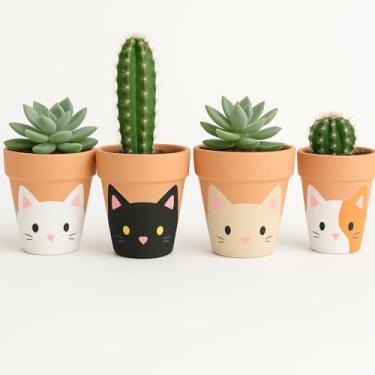 Imagem de Kit 4 Vasos de Cerâmica Gatinho De Suculentas e Cactos – Decorativos, Feitos à Mão, Estilo Fofo para Jardim, Varanda ou Presente Criativo"