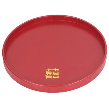 Imagem de Bandeja de Porção de Madeira Sólida, Bandeja de Bandeja Vermelha Artesanal para Mesa de café, Lanches e Bebidas (Redonda m)