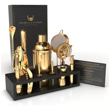 Imagem de Kit Coqueteleira Profissional com 11 Peças em Aço Inoxidável com Suporte de Bambu e Livro de Receitas, HIGHBALL CHASER, Dourado