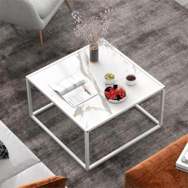 Imagem de Giantex Mesa de centro quadrada com mesa de mármore falso e moldura de aço, mesa de coquetel central, móveis de sala de estar, mesa de cabeceira baixa, fácil montagem (branca)