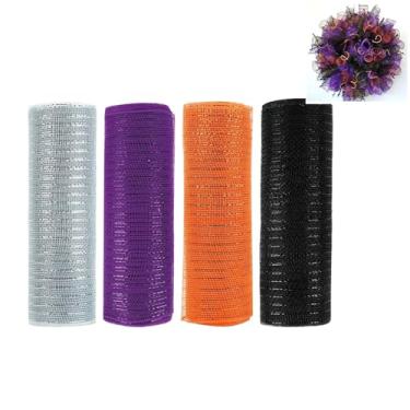 Imagem de JStnana 4 rolos de malha decorativa de Halloween para fazer guirlandas de 25,4 cm x 7,6 m cada rolo de fita metálica de malha de poli prata laranja roxo preto decorado para decoração de guirlanda de
