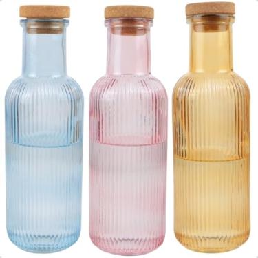 Imagem de Kit 3 Garrafas de Vidro Canelado para Água Suco 1 Litro Colorida Grace com Tampa Rolha (Azul - Rosa - Ambar)