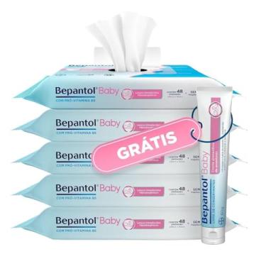 Imagem de Kit 5 Lenços Umedecido 240und + Pomada Assadura 60g Bepantol