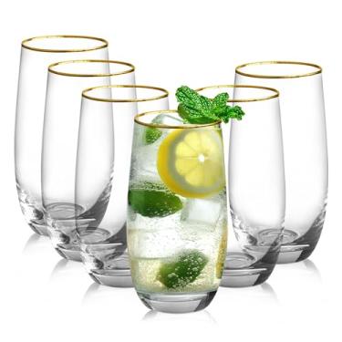 Imagem de Icesip Conjunto de 6 copos de vidro com borda dourada de 510 g, copos de água altos de cristal para uísque, coquetel, suco, água, bebida, mojito
