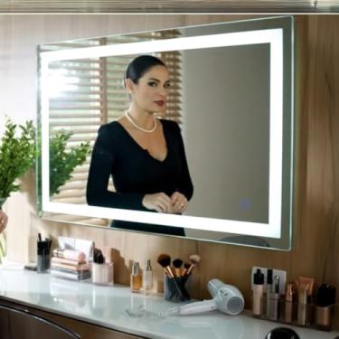 Imagem de Espelho 4mm Led 3 cores fria neutra quente 100x50 retangular jateado lapidado iluminado luz frontal para maquiagem luz ajustavel 1,00 x 0,50