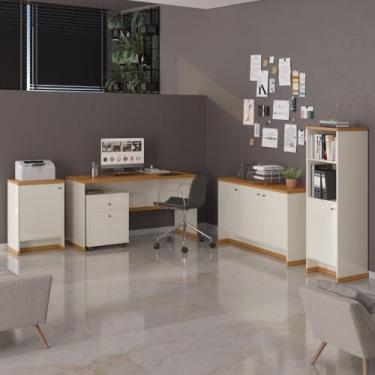 Imagem de VIA NOSSA - Conjunto Escritório Office Escrivaninha Balcões Gaveteiro Berlin Cor:off White/naturale