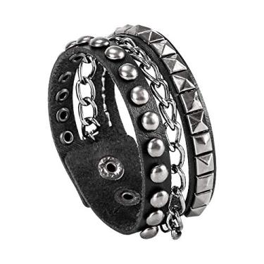 Imagem de TURTLEDOVE Pulseira de couro punk - Pulseira de couro gótico rock com corrente para festa, 8.3 inches, Couro, Sem Pedra Preciosa