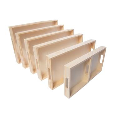 Imagem de Bandejas de servir de madeira – Conjunto de 7 bandejas retangulares inacabadas com alças recortadas para artesanato, servir e decoração de casa