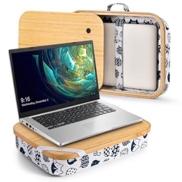 Imagem de Mayjoy Mesa de colo de bambu com armazenamento, capa removível para colo, suporte de laptop de computador no colo, trabalho na cama ou sofá, escreva ou desenhe no seu colo (Gatinho branco)
