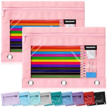 Imagem de SPACEMATE Pacote com 2 estojos para fichário, estojo para lápis com 3 argolas, material escolar, meninas, meninos, crianças, transparente, organizador de canetas estéticas, grande, artigos de
