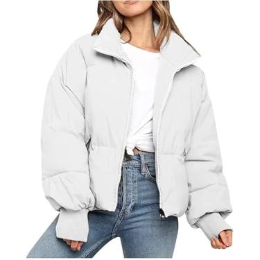 Imagem de Jaqueta Puffer Feminina Curta Preto Bege Quente Acolchoado Jaqueta Grossa Quente Transicional Jaquetas Femininas Ao Ar Livre Manga Longa Jaqueta De Algodão Jaquetas Para Mulheres, White, L