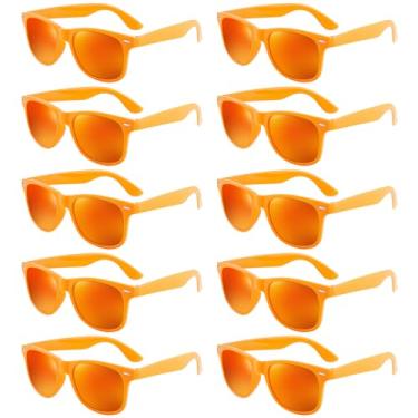 Imagem de Pibupibu Pacote com 10 óculos de sol laranja granel, anos 80, 90, retrô, neon para festas, para mulheres e homens, lentes espelhadas
