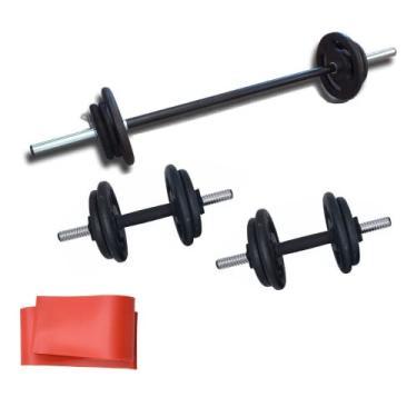 Imagem de Kit 30Kg Anilhas + 2 Barras de 40cm Rosca + 1 Barra 1,20m + Extensor Elástico