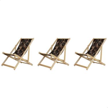Imagem de Kit 3 Espreguiçadeiras Preguiçosa Dobrável sem Braço Natural em Madeira Maciça Tecido