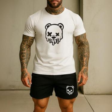 Imagem de Kit Short Tactel Elastano Estampado Urso E Camiseta Masculina Algodão 