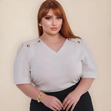 Imagem de Blusa Feminina Plus Size Linho Alfaiataria com Botão - G-Store, Bege, 