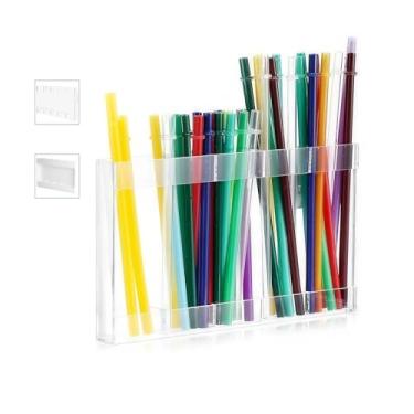 Imagem de Suporte de canudo de acrílico grande para armário - recipiente pequeno para acessórios de cozinha. Organizador de canudo reutilizável com fita adesiva dupla face (24 cm), transparente