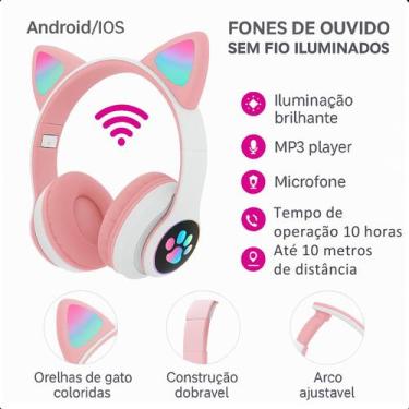 Imagem de Fone Rosa Infantil Bluetooth LED e Som Claro - ROMI