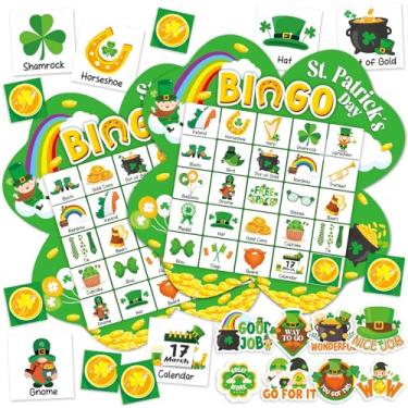 Imagem de Jogo de bingo de Dia de São Patrício para adultos e crianças, 24 jogadores, cartas de jogo de bingo em forma de trevo com adesivos de recompensa para amigos da família, atividades de grupo grande