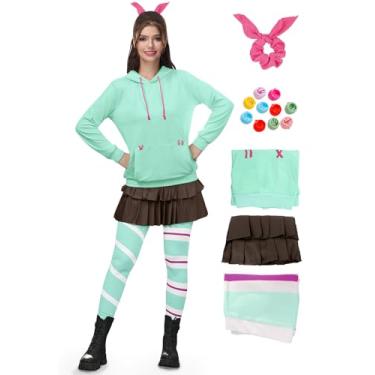 Imagem de ALIREVERIE Conjunto de moletom feminino com capuz e saia plissada para cosplay de Halloween com prendedor de cabelo e clipes, Verde menta (5 peças), M