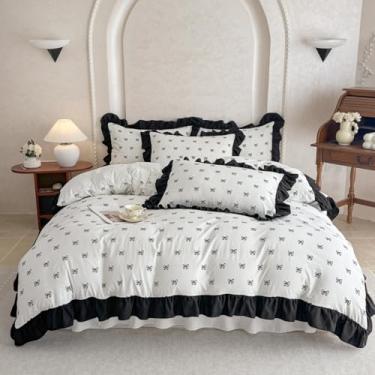 Imagem de Capa de edredom branca tamanho casal, conjunto de capa de edredom com laço fofo com fecho de zíper, conjunto de cama de microfibra macia com babados pretos com 4 laços (201 x 228 cm, 2 fronhas)
