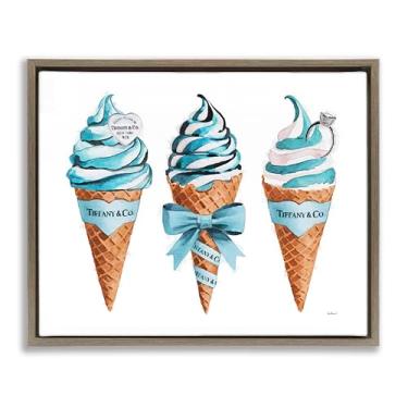 Imagem de Stupell Industries Design de arte de parede em tela flutuante marrom com cones de sorvete glamorosos azuis por Amanda Greenwood, 17 x 21