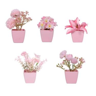 Imagem de KiBcsLic 5x Flores artificiais em vasos, simulação de bonsai, flores artificiais, pequenas plantas falsas para peitoril de janela, casamento, escritório, mesa, Style D