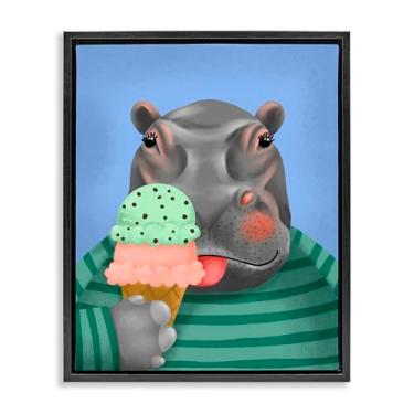 Imagem de Stupell Industries Design de arte de parede em tela flutuante preta com cone de sorvete e hipopótamo por Jilly Jack Designs, 78 x 63 cm