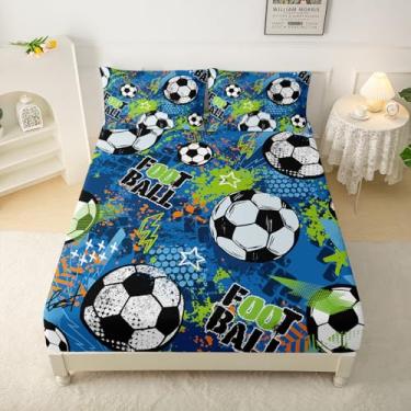 Imagem de QOOMO Jogo de lençol solteiro com estampa de futebol americano, 4 peças, jogo de bola esportivo, com bolso alto, 1 lençol com elástico, 1 lençol de cima e 2 fronhas para meninos e meninas adolescentes