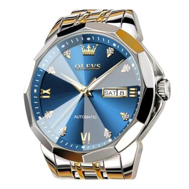 Imagem de OLEVS Relógio masculino automático, clássico, mecânico, espelhado, de aço inoxidável, casual, impermeável, calendário de dia/data, Ouro azul