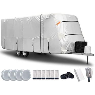Imagem de FRUNO Capa Oxford Cloth Travel Trailer RV 19'17.8 cm-22' Impermeável Resistente a Rasgos Anti-UV Capa de Campista para Neve de Inverno com Jack Cover 4 Capas de Pneu e Capas de Calha