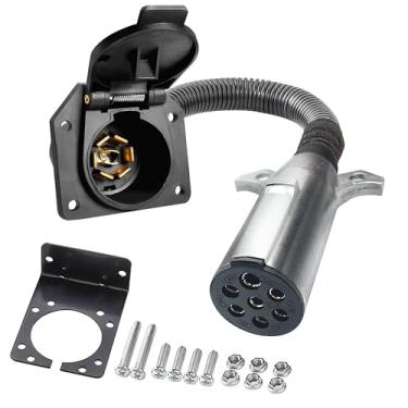 Imagem de URANT Conversor adaptador circular de 7 pinos para trailer de veículo RV de 7 vias, conector elétrico de 7 núcleos, adaptador de veículo, conversor rápido, com suporte de montagem, adequado para