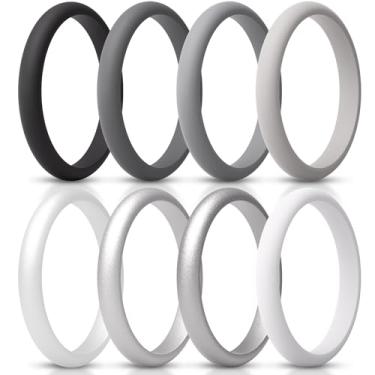 Imagem de ThunderFit Conjunto de alianças femininas de silicone fino e empilhável, alianças de casamento de silicone, 2,5 mm de largura e 2 mm de espessura, pacote variado 1-12, 7.5 - 8 (18.2mm), Silicone, Sem