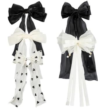 Imagem de SOFPLATE 1 caixa 5 peças fita de malha laço de cabelo coquete laço grande grampo de cabelo fita de gaze prendedores de cabelo preto branco grande de tule macio para mulheres festa de casamento nupcial