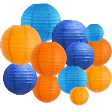 Imagem de BEISHIDA 12 peças de lanternas de papel azuis laranja decorativas penduradas em papel para aniversário, casamento, noiva, decoração de casa, decoração ao ar livre, decoração de festa
