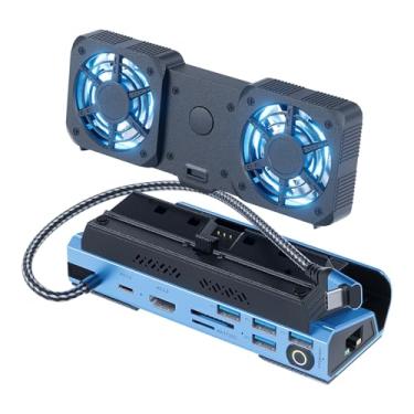 Imagem de Ventoinhas de resfriamento duplas destacáveis, estação de ancoragem a vapor 15 em 1 com 4K a 60Hz 4 portas USB, 1000 Mbps, slot SD/TF, USB-C 100W PD, adaptador HD2.0 de 40 Gbps para Steam Deck/Rog