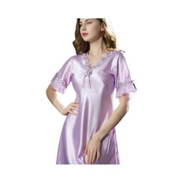 Imagem de Camisola Feminina de Cetim com Decote V - Vestido Longo para Dormir - 