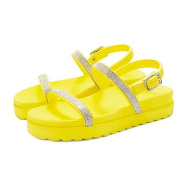 Imagem de Sandalia Papete de Strass Flatform Feminina Rasteirinha Tratorada Com Fivela Moderna Palmilha Macia Tamanho:38;Cor:Amarelo;Gênero:Feminino;Departamento BS:Esporte