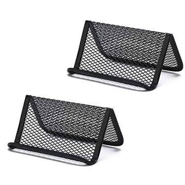 Imagem de Suporte de cartão multifuncional com 2 peças RuiLing, organizador de cartão de visita de malha metálica tipo N para mesa de escritório – suporte de 50 cartões de nome – suporte de cartão de visita (preto)